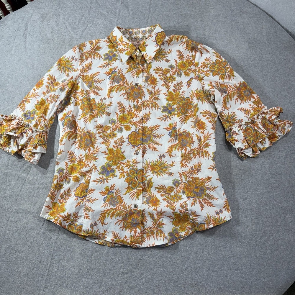 Robert Graham Women's L Button Shirt Floral Ruffle Bell Sleeve Blouse Boho